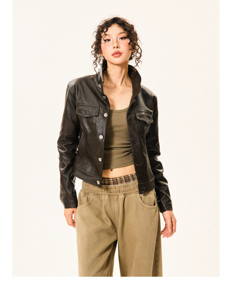 PU Leather Standing-Collar Short Jacket