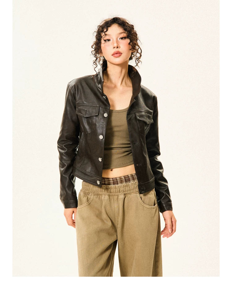 PU Leather Standing-Collar Short Jacket