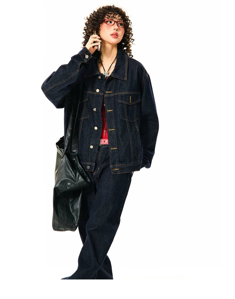 Button Oversize Denim Jacket & Wide Leg Denim Jeans Setup