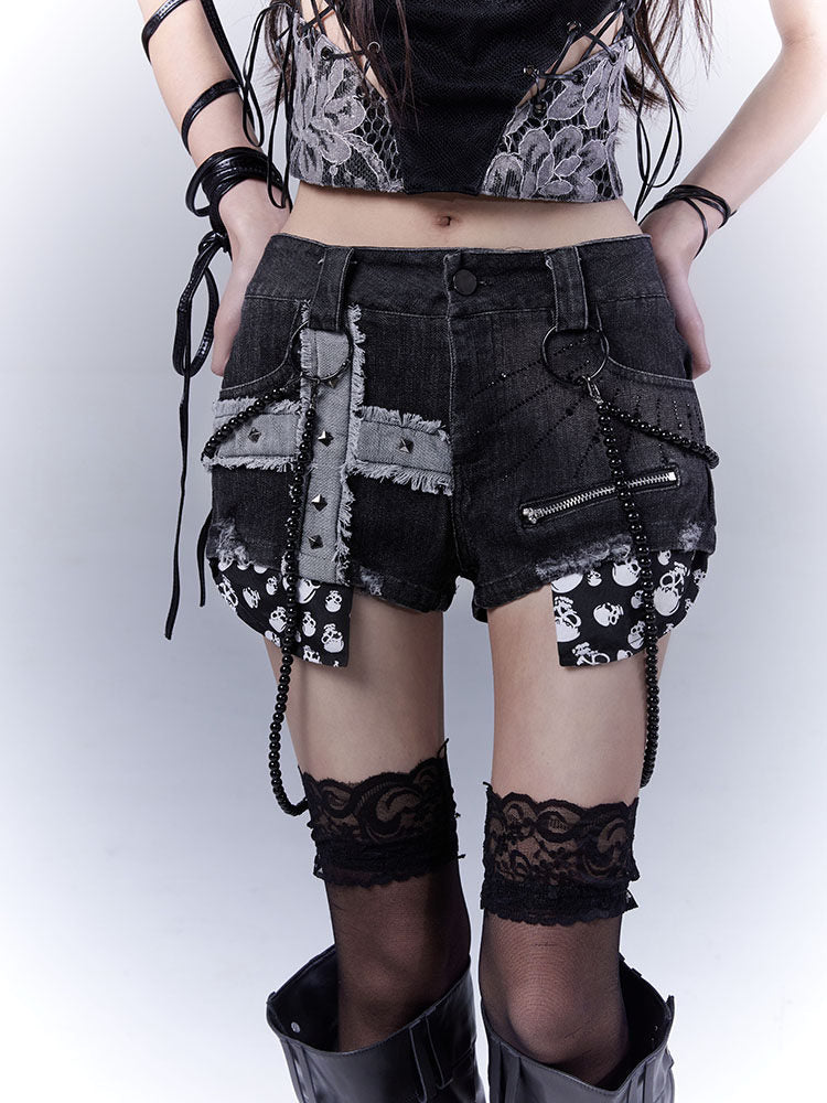 Design Rivet Print Low Waist Denim Short Pants