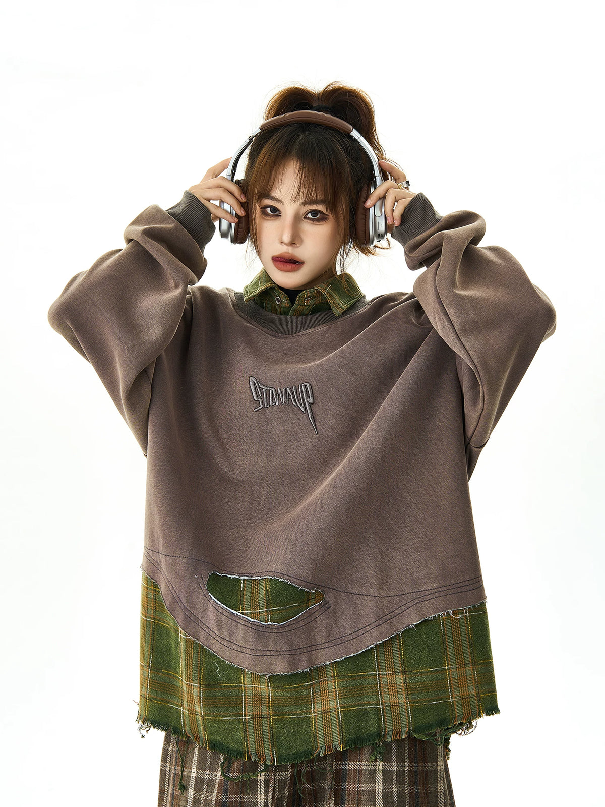 Plaid Stitching Fake Layered Sweatshirt