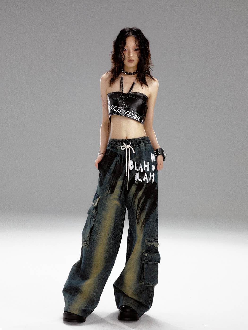 Washed Graffiti Wide-Leg Straight Dnim Jeans