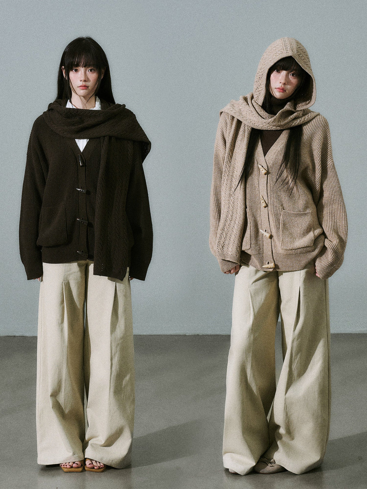 Hooded Horn Button Fleece Lining Knit Cardigan