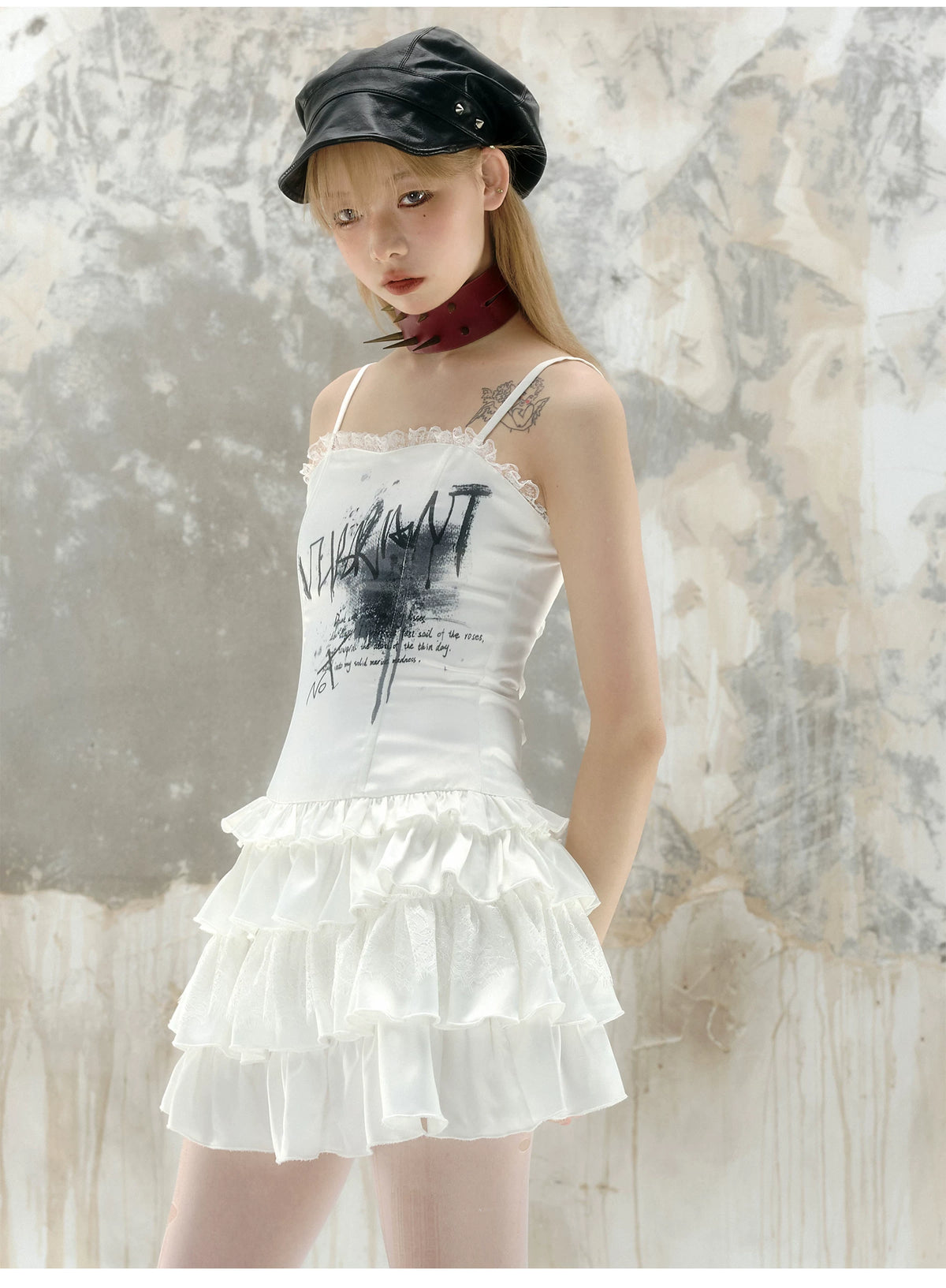 Graffiti Print Satin Lace-Up Ruffled Layered Dress