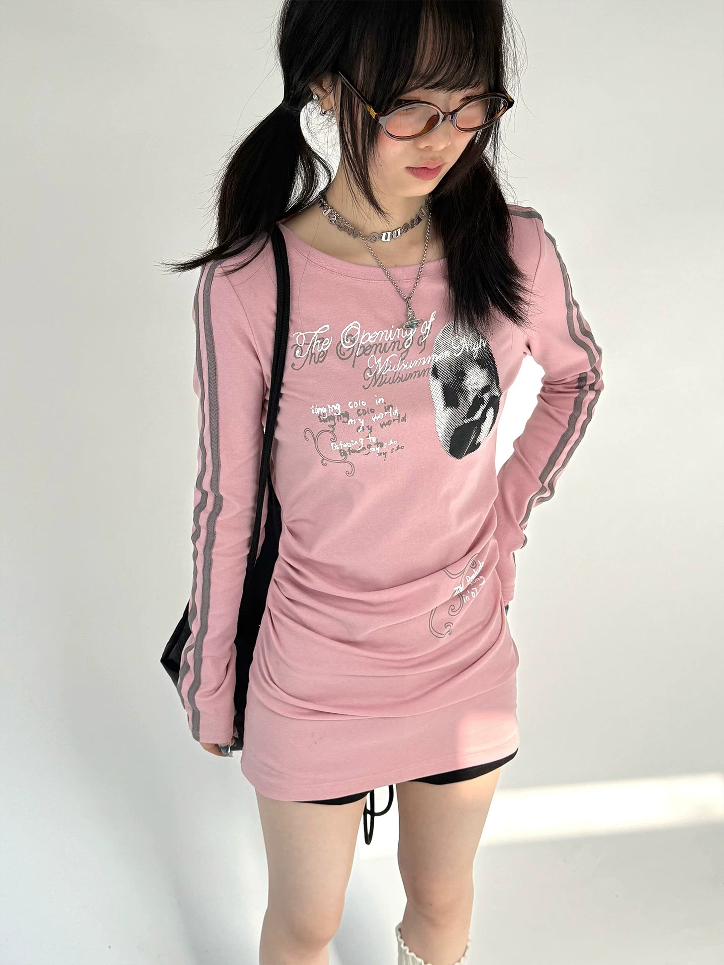 Stripe Sleeve Graphic Print Ruched Fitted Long T-Dress