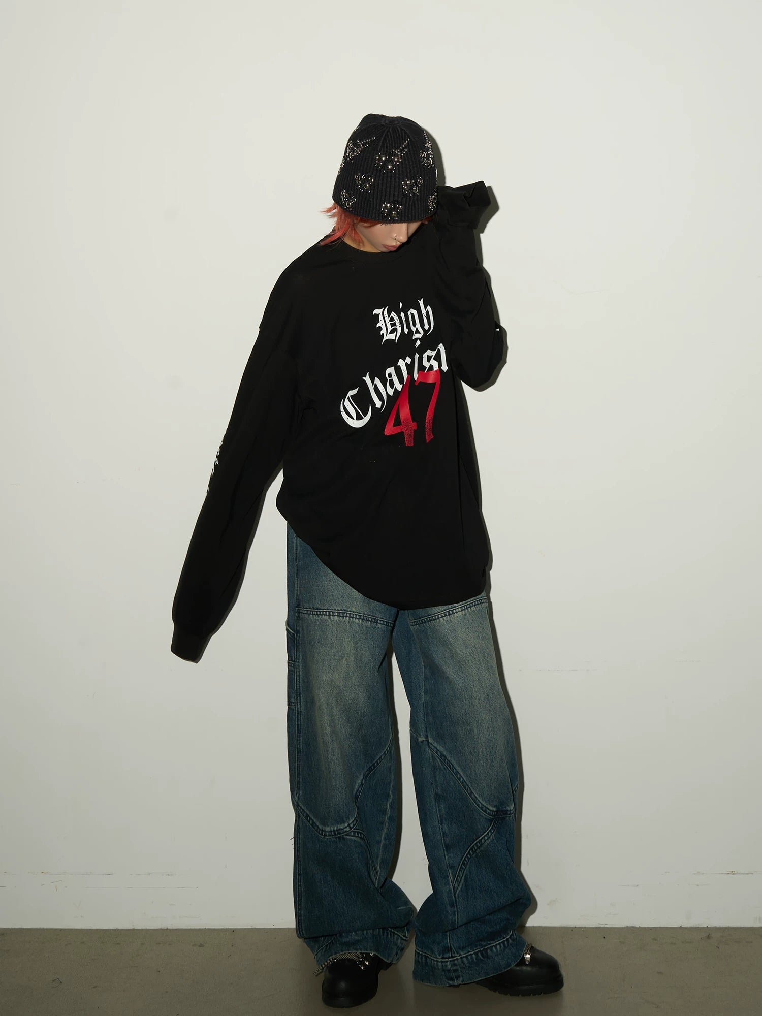 Gothic Print Damage Long Sleeve T-Shirt