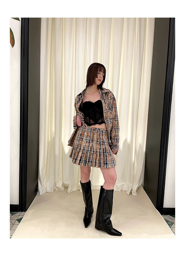 Checkered Washed Oversize Long Sleeve Shirt & Pleated Short Skirt Setup