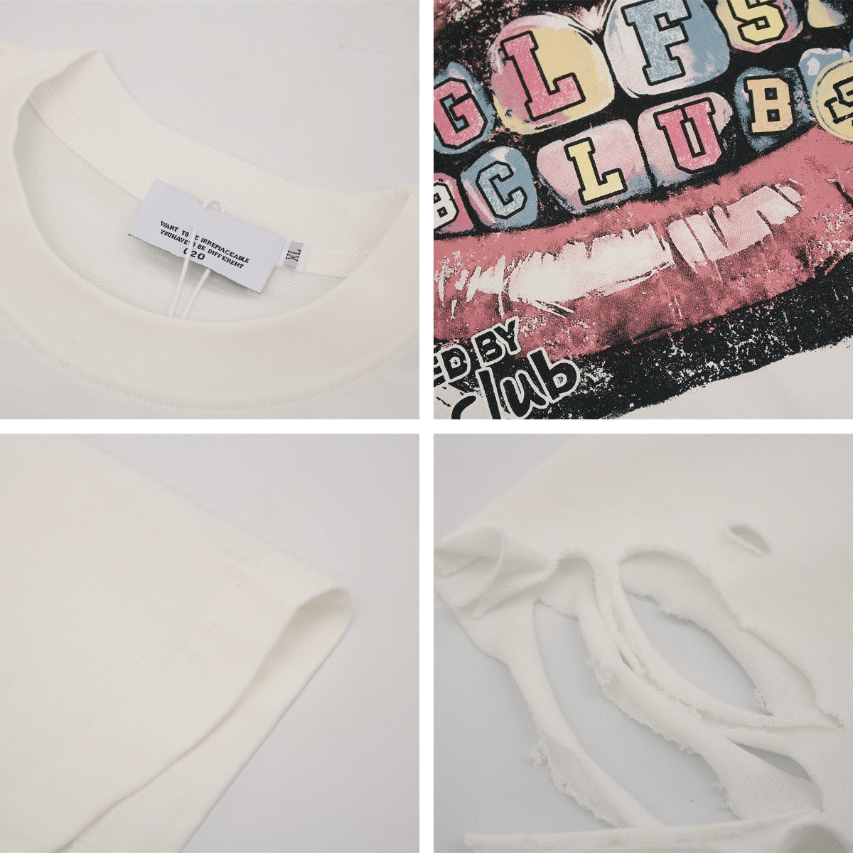 Collage of a white sweatshirt with colorful text and a brand tag on a white background.