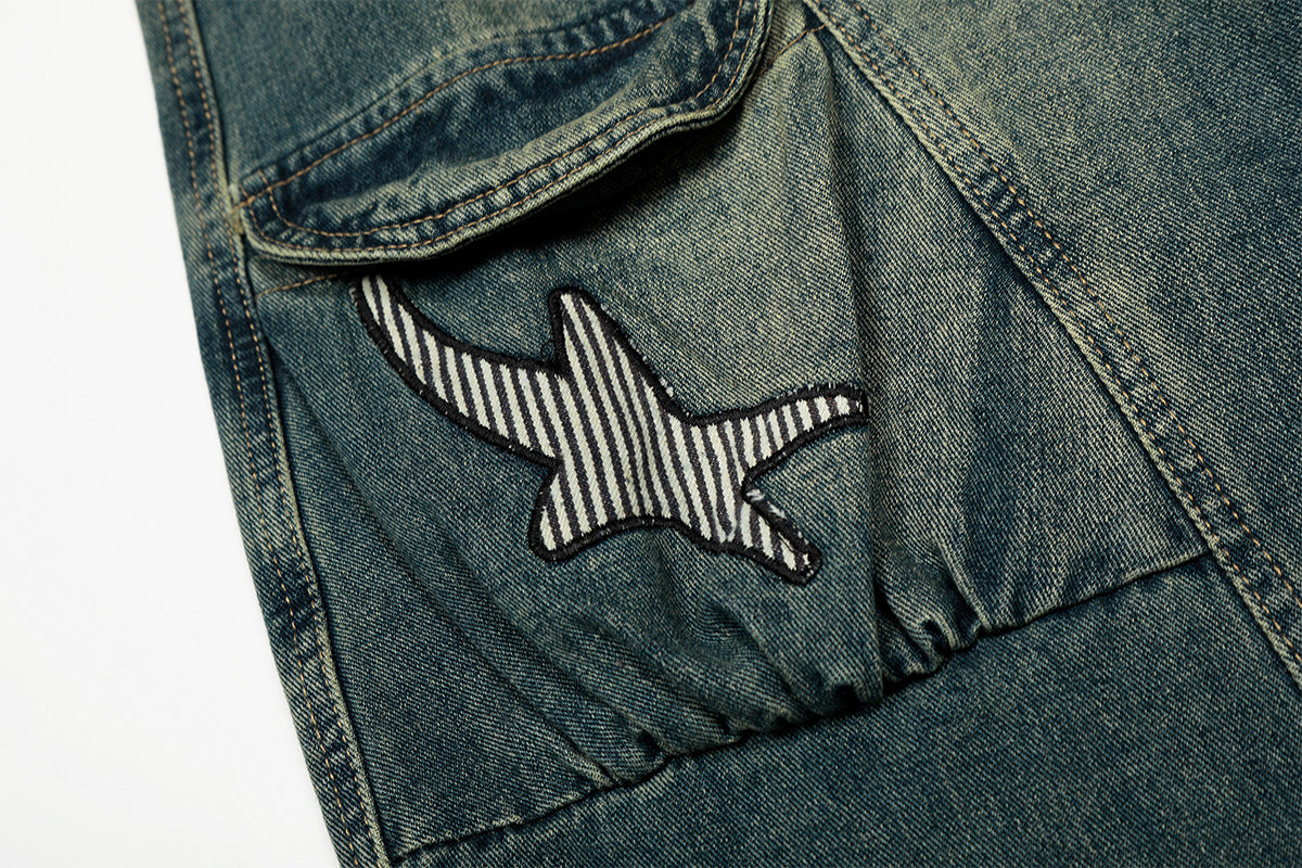 Washed Embroidery Wide Leg Denim Jeans