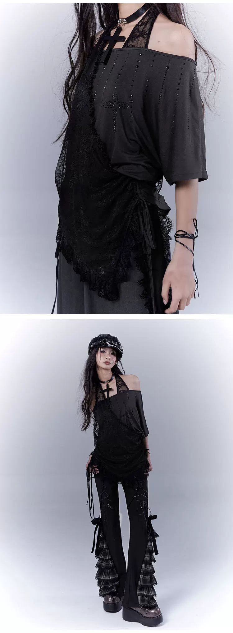 Lace Patchwork Halter Neck Rhinestone Oversize Short Sleeve T-Shirt