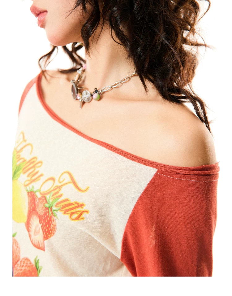 Fruit Graphic Print Off-Shoulder Fitted Long Sleeve T-Shirt