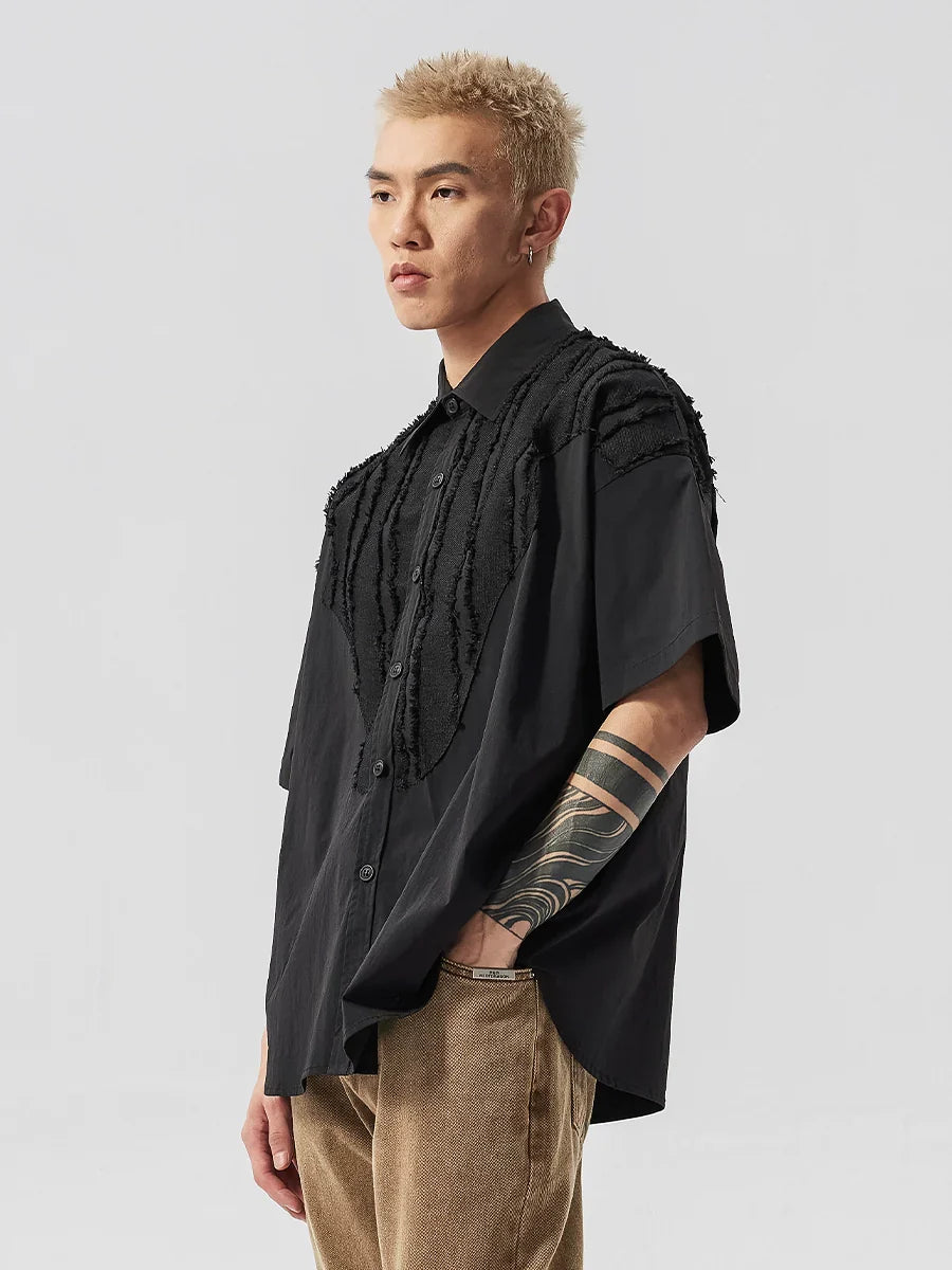 Deconstructed Raw Edge Patchwork Short Sleeve Shirt