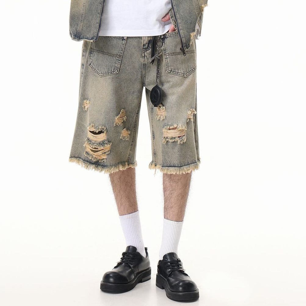 Washed Damage Wide Leg Denim Short Pants