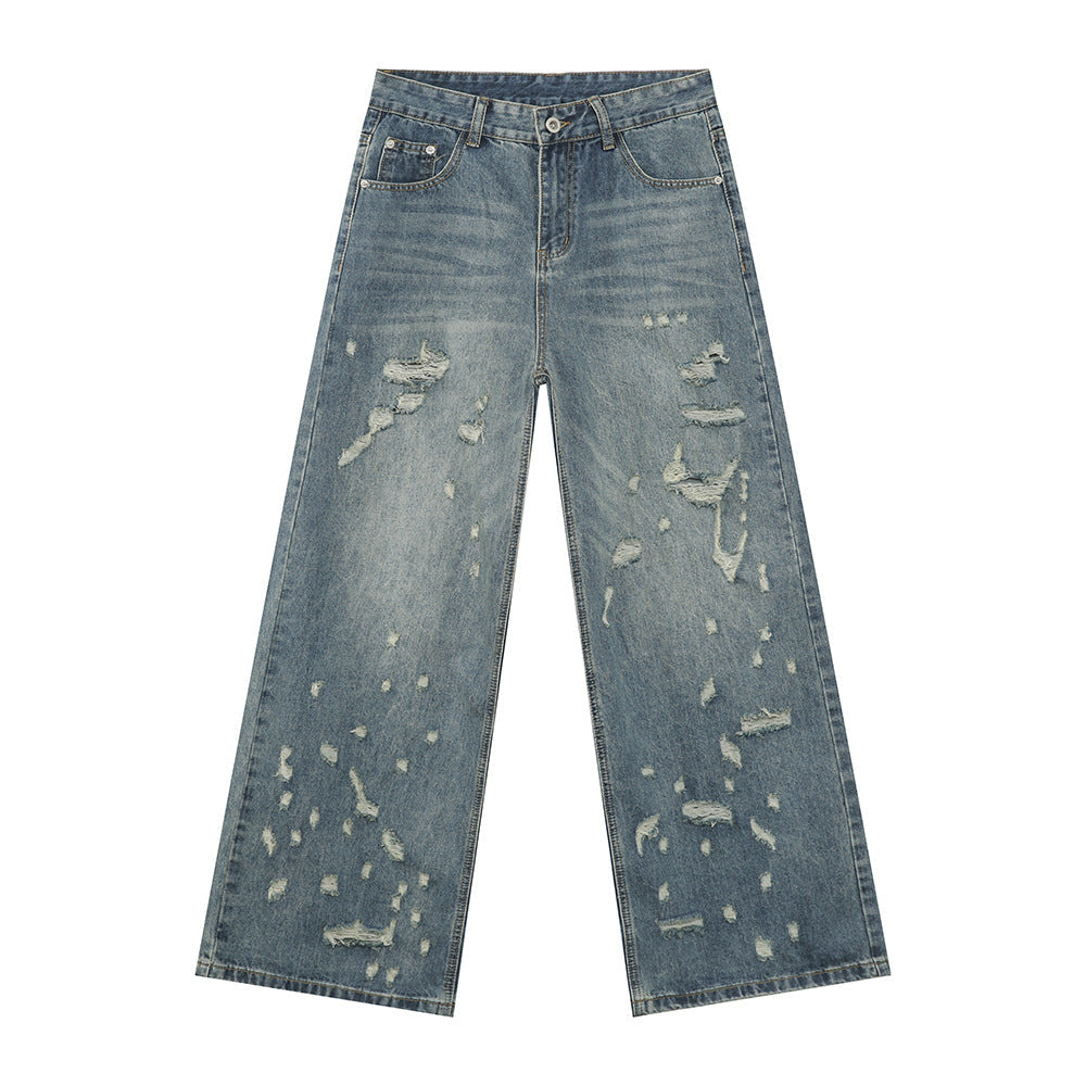 Irregular Distressed Straight-Leg Denim