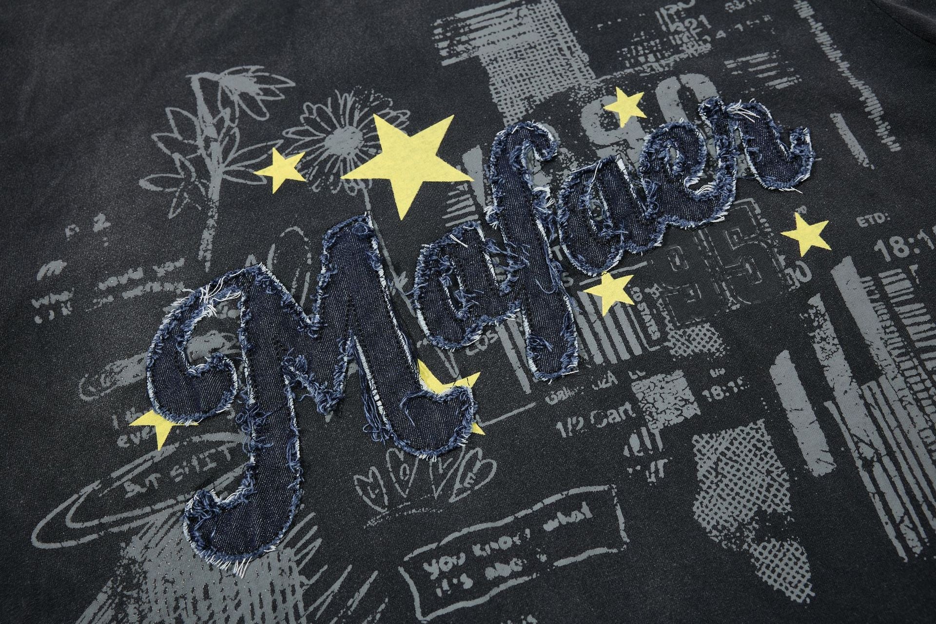 Star Applique Embroidery Washed Short Sleeve T-Shirt