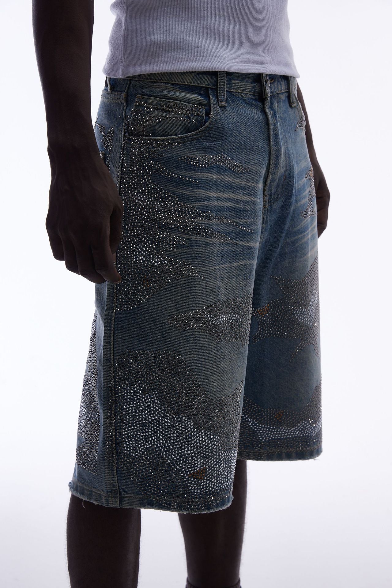 Rhinestone Camouflage Wash Denim Jort