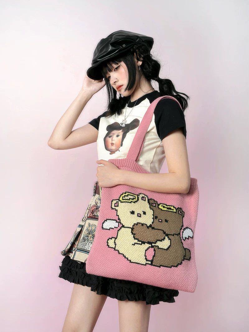 Angel Bear Jacquard Knit Tote Bag