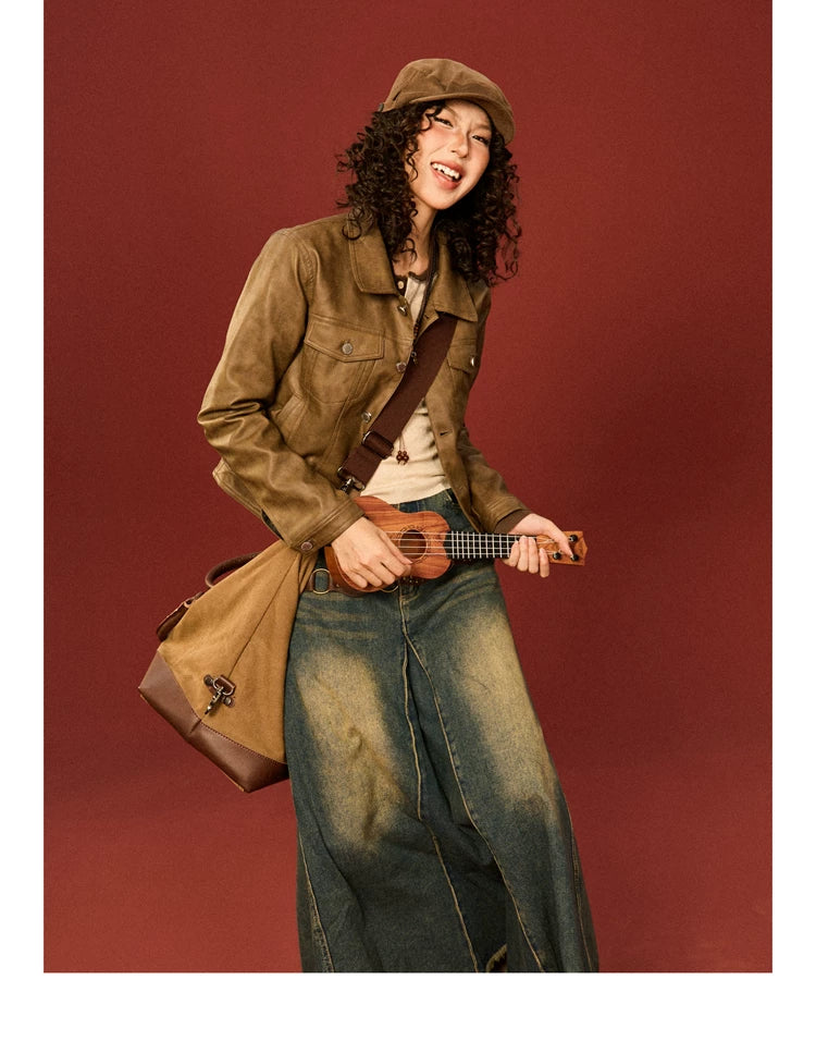 PU Leather Standing-Collar Short Jacket