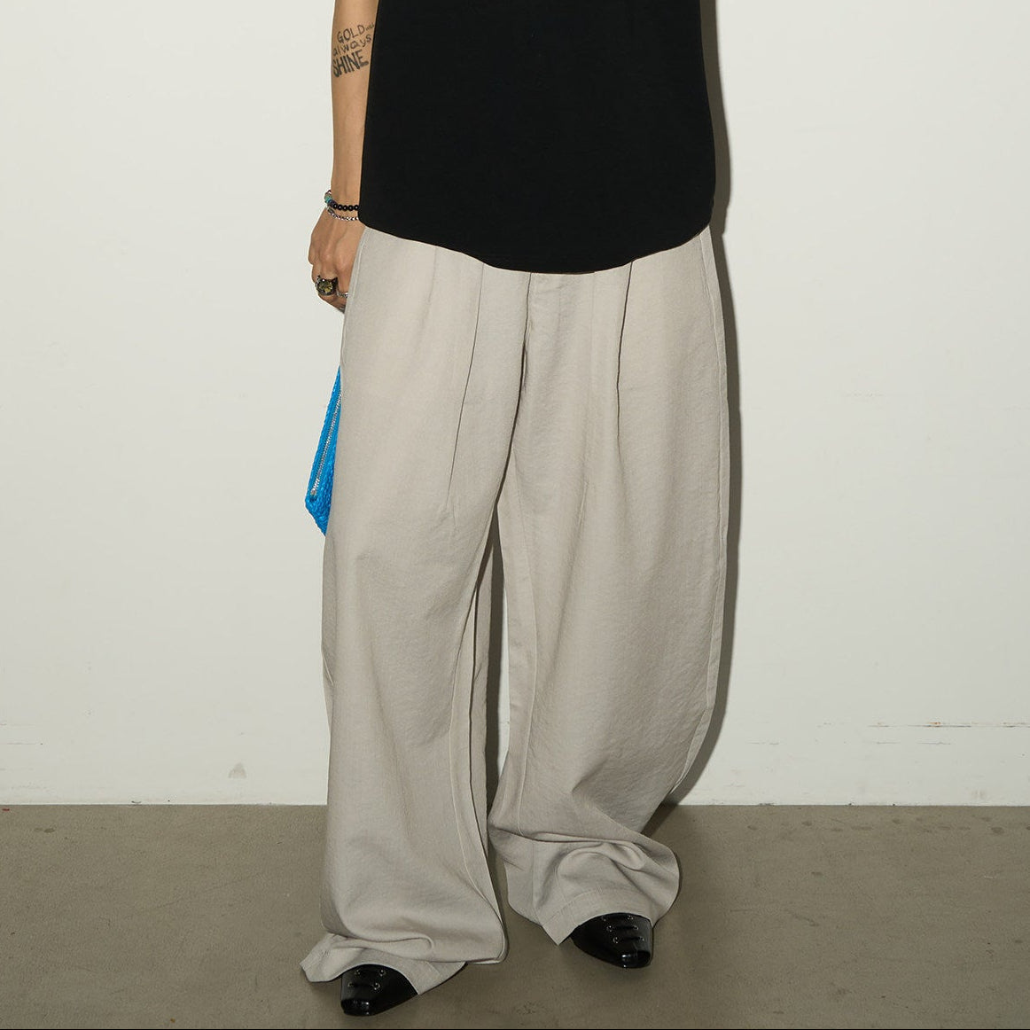 Pleats Elastic Waist Wide Leg Trousers