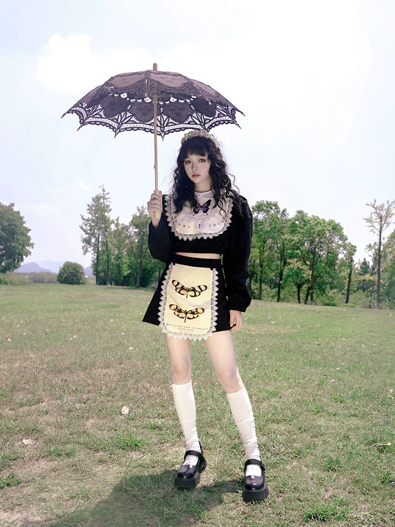 Graphic Print Lace Ruffle Skirt