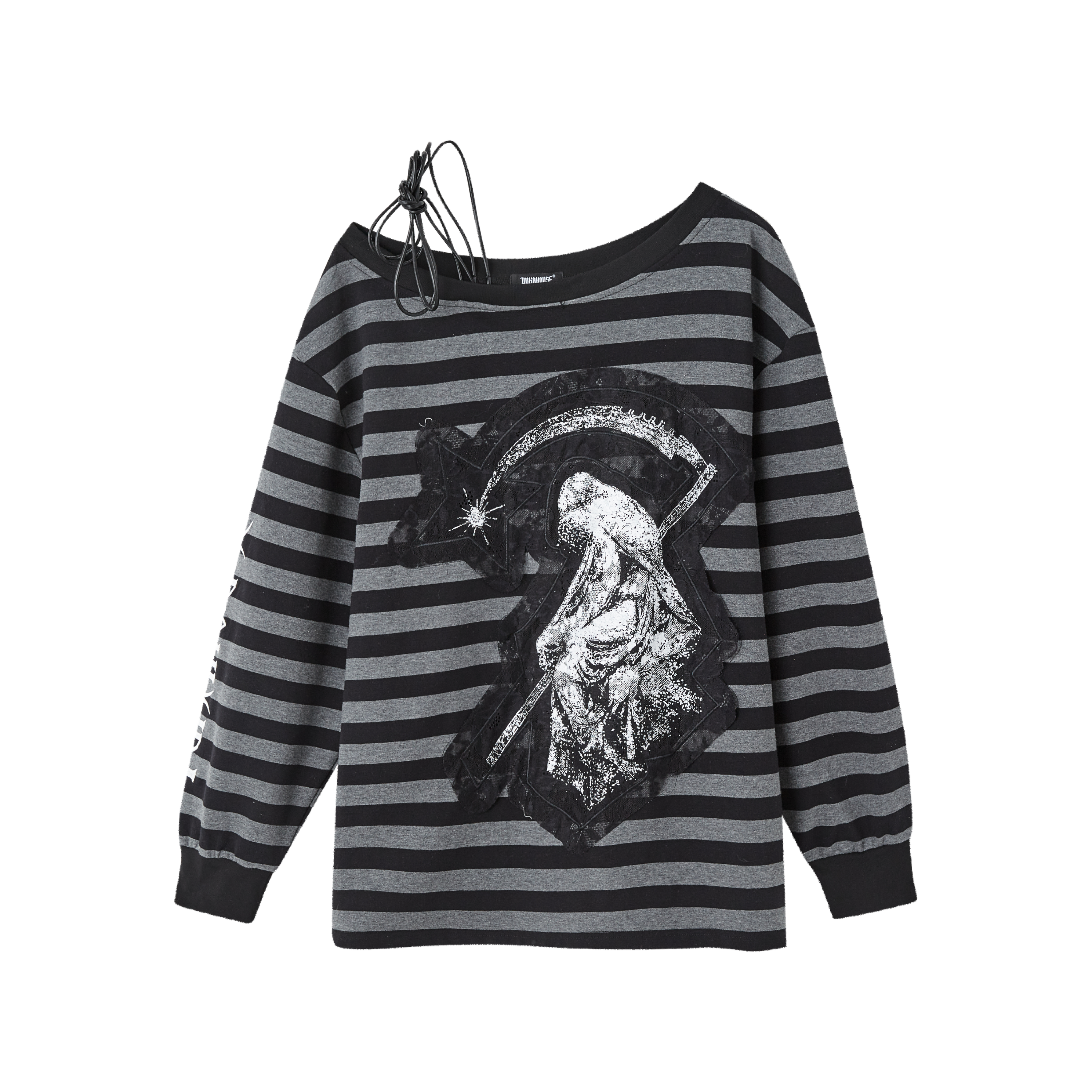 Off-Shoulder Drawstring Stripe Oversize Long Sleeve T-Shirt