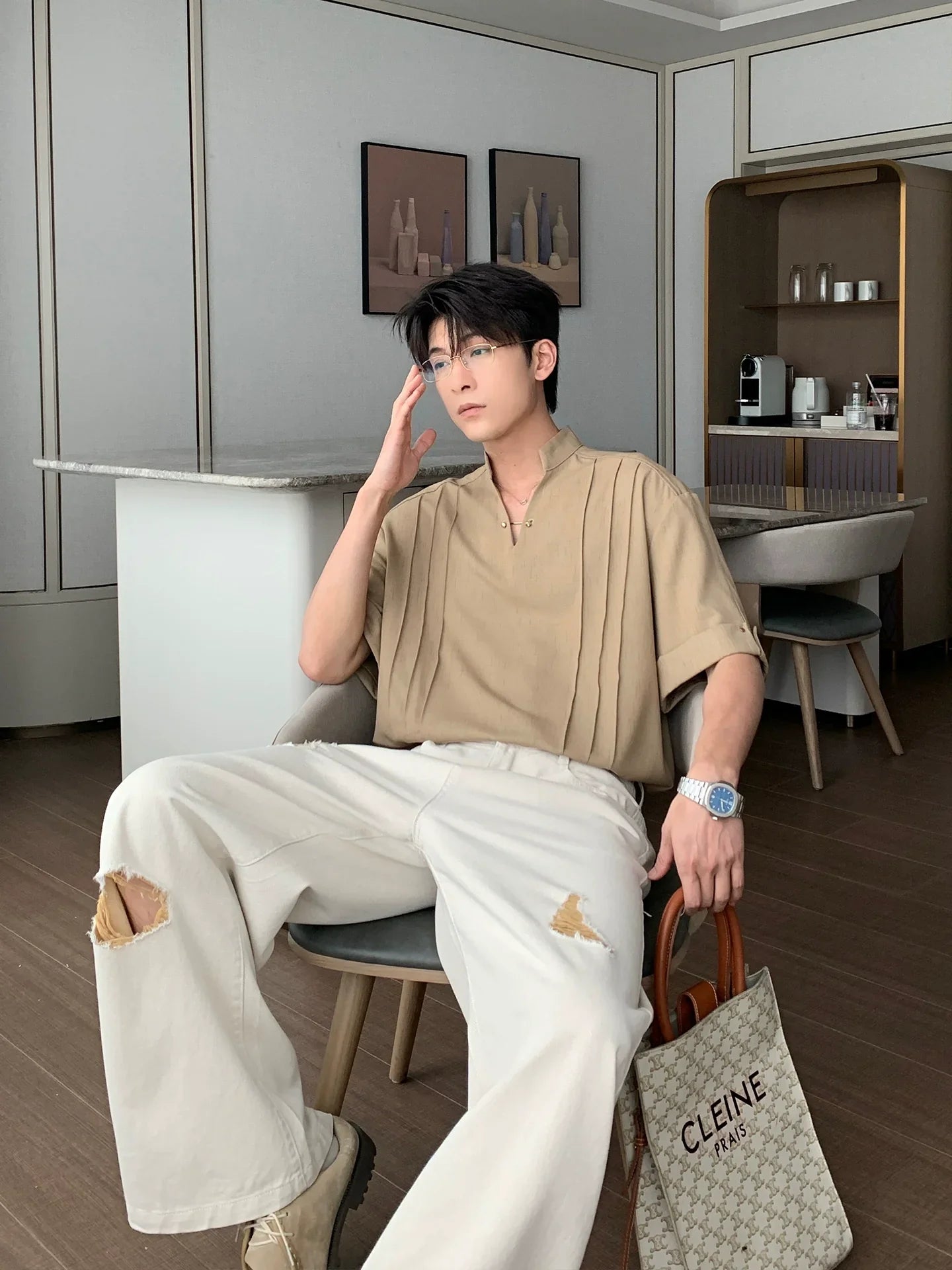 Standing Collar V-Neck Oversize Short Sleeve Polo Shirt