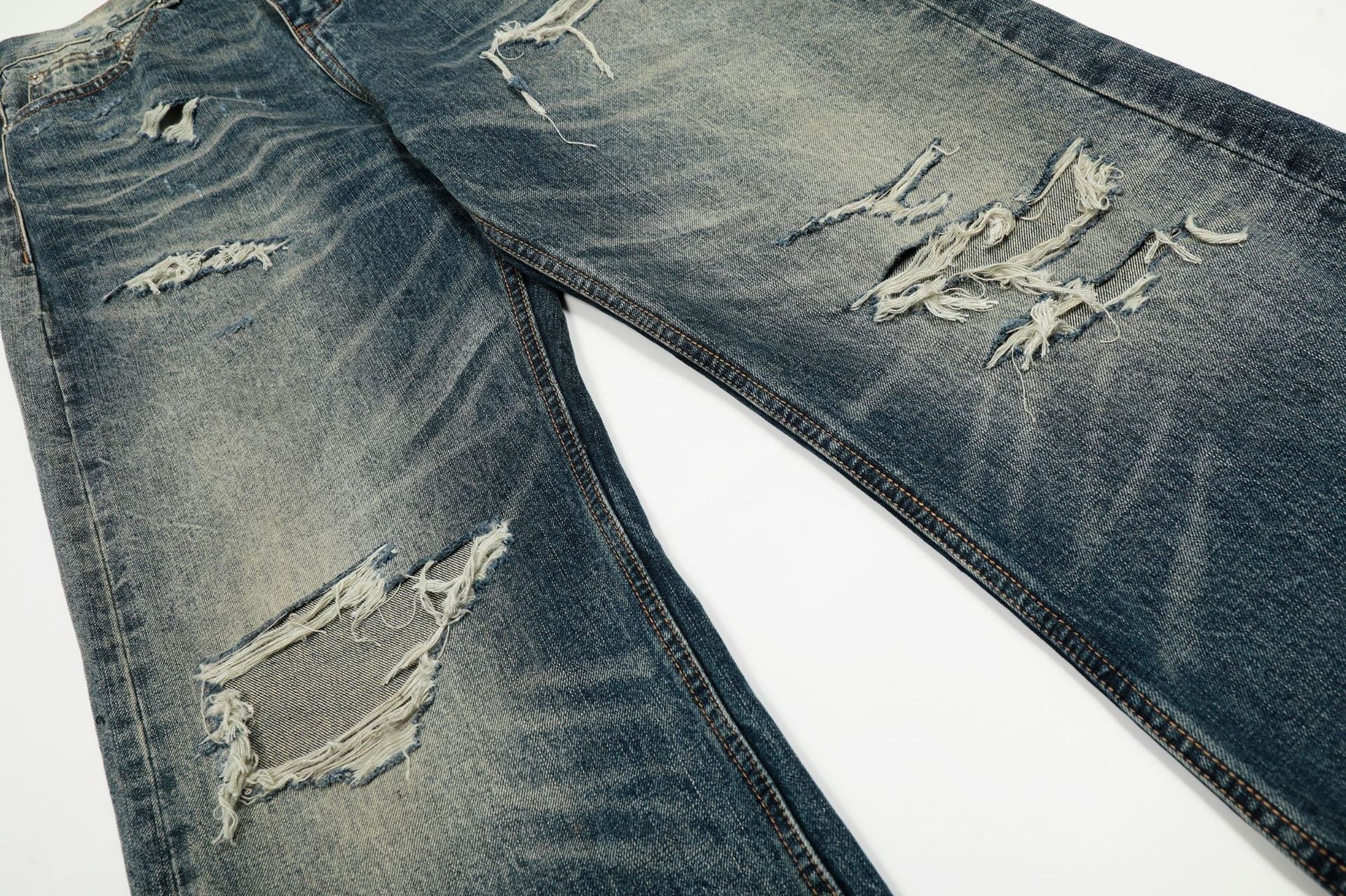 Damage Whisker Wash Straight Denim Jeans