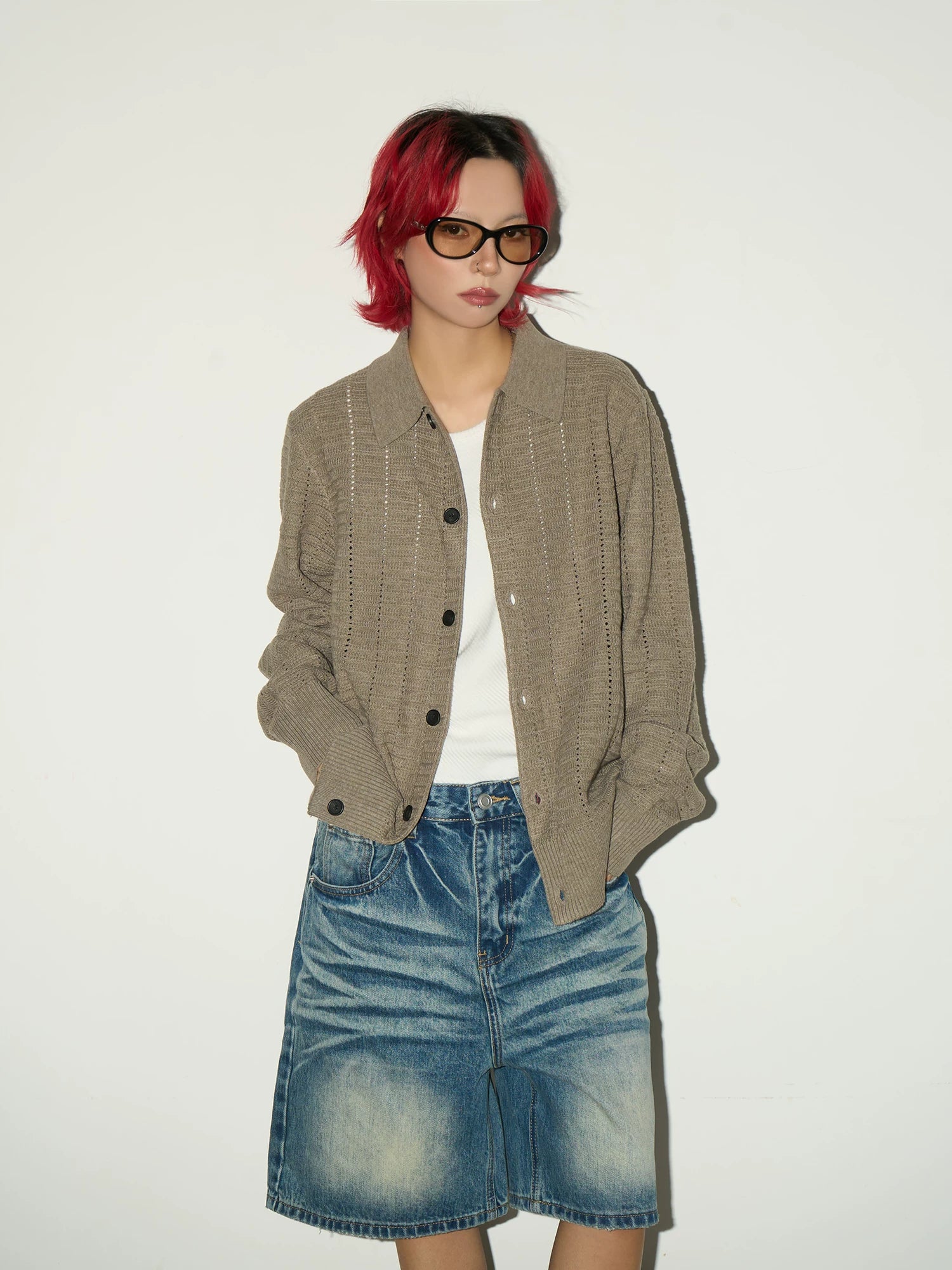Hollow Textured Lapel Knit Cardigan