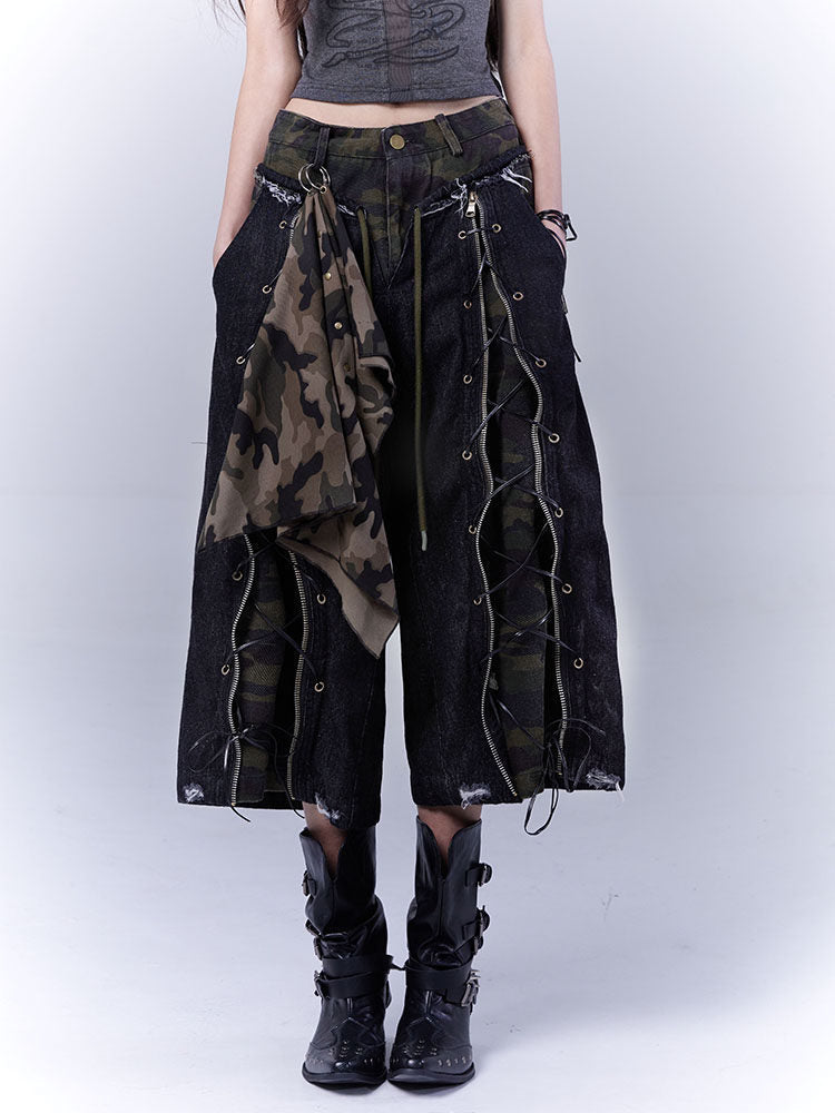 Camouflage Lace-Up Damage Cropped Denim Jeans & Scarf Set