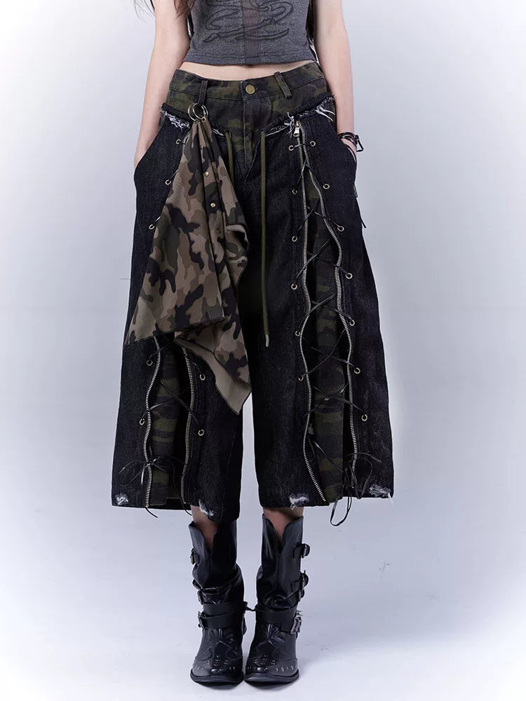 Camouflage Lace-Up Damage Cropped Denim Jeans & Scarf Set