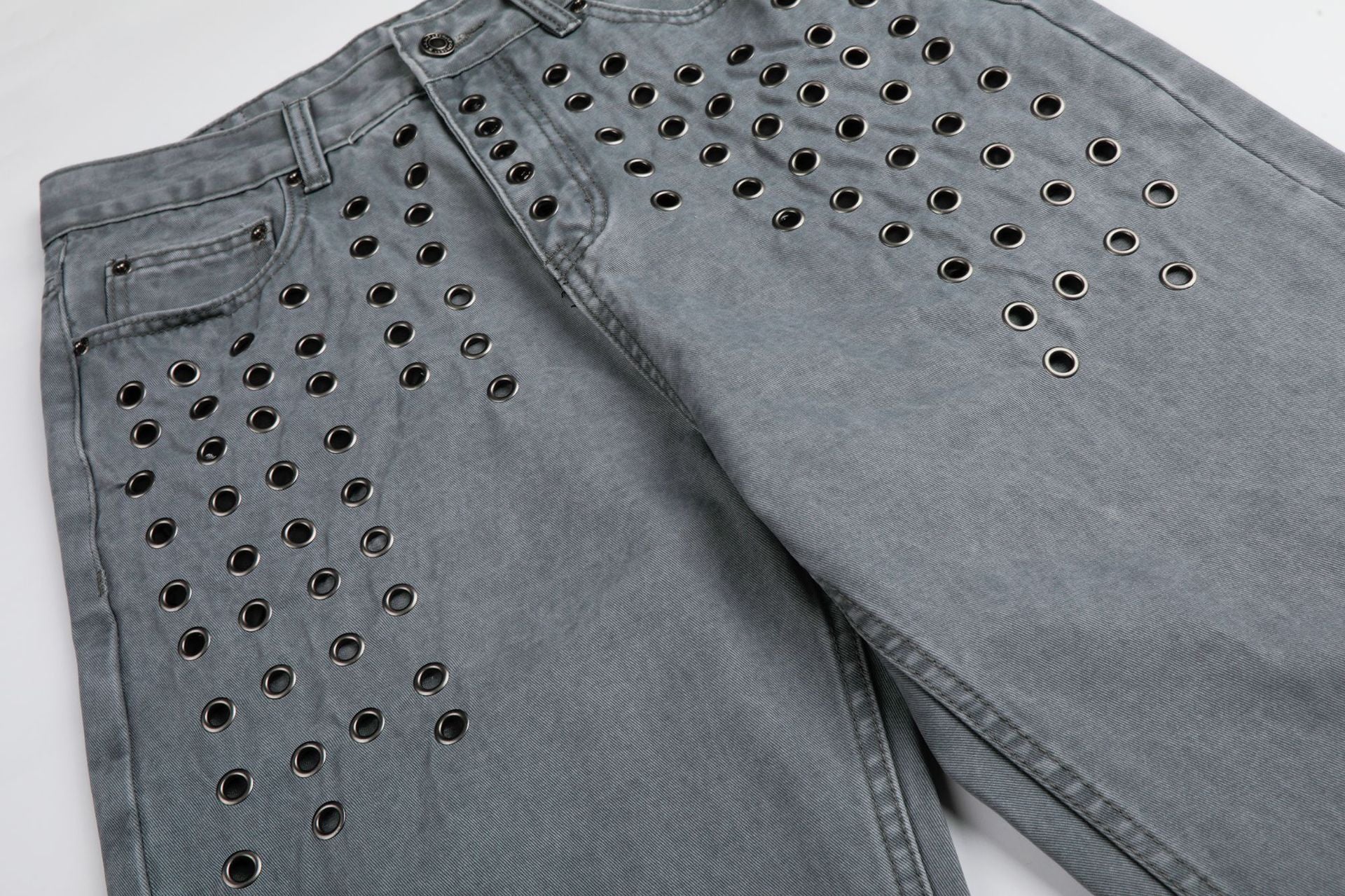 Washed Eyelet Wide Leg Denim Jeans