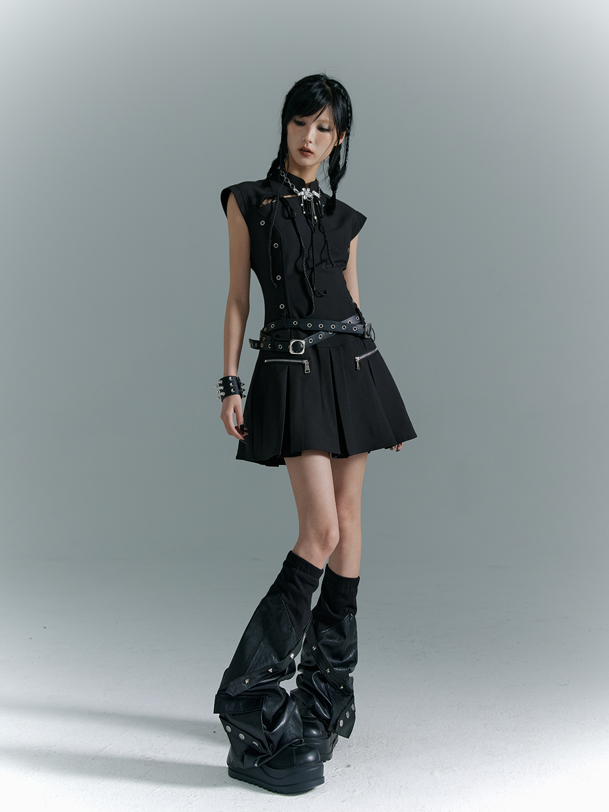Cutout Pleats Qipao Sleeveless Dress With Belt