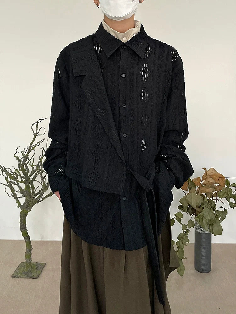 Jacquard Hollow-Out Patchwork Long Sleeve Shirt