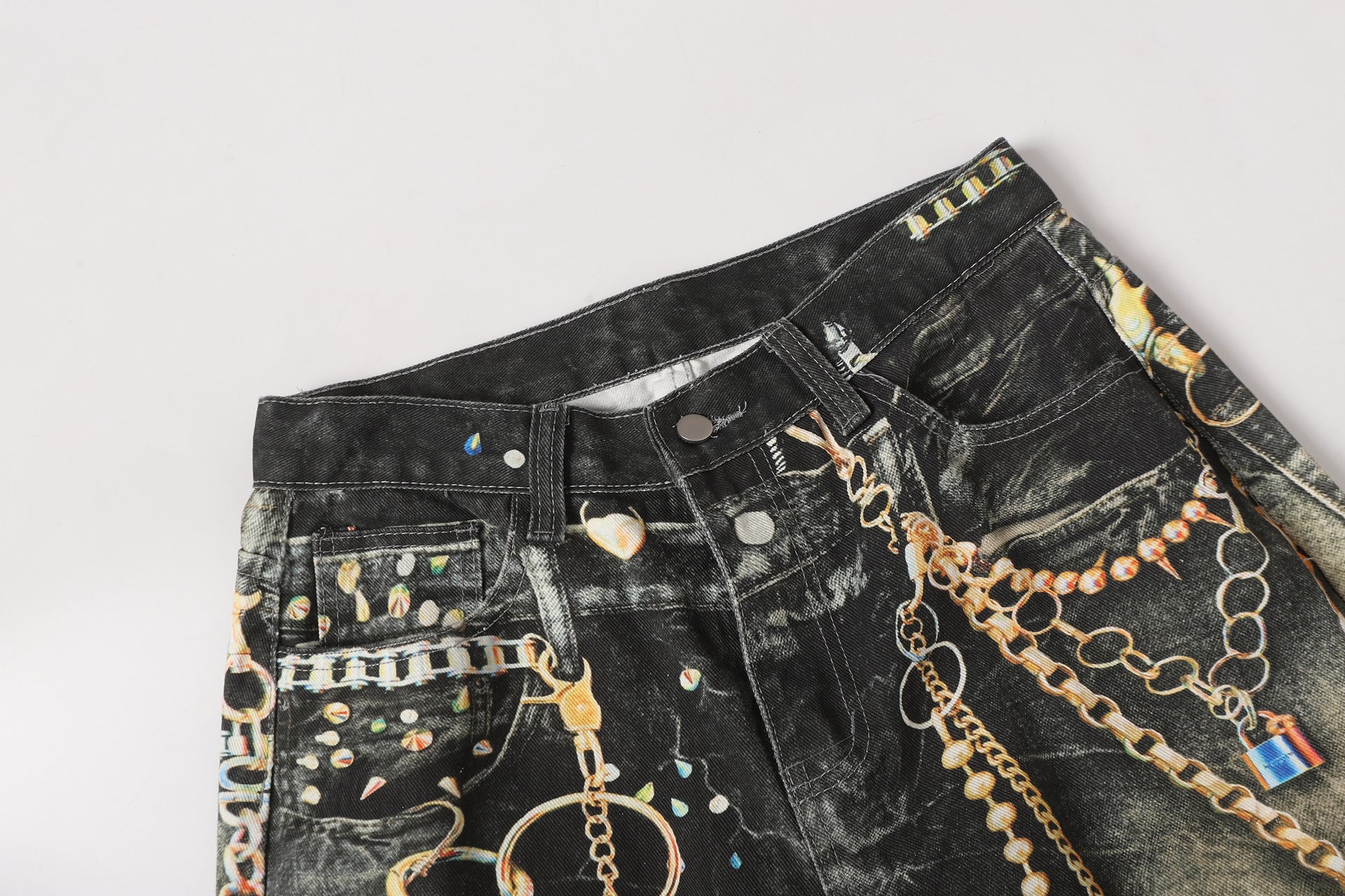 Chain Paint  3D Print Washed Wide Leg Denim Jeans