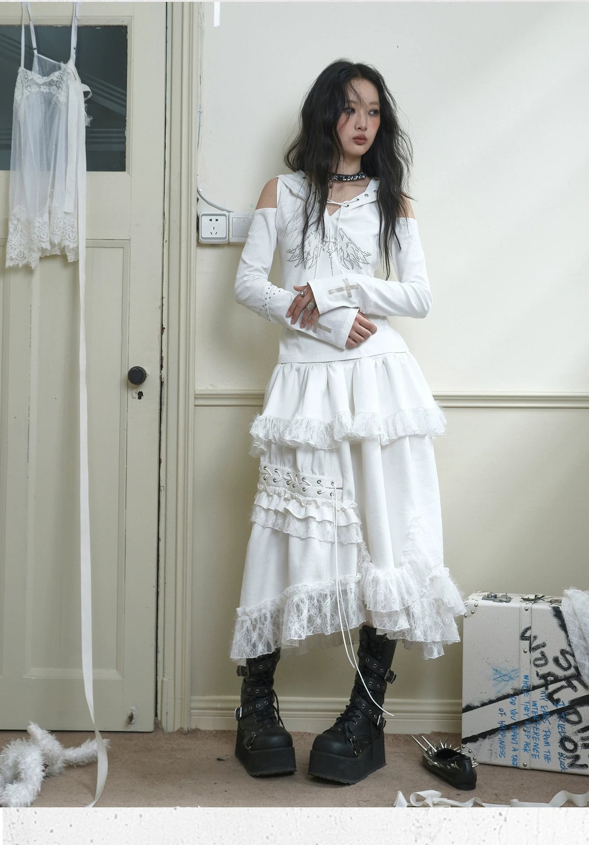 Suede Lace Asymmetrical Tie-Up Layered Long Skirt