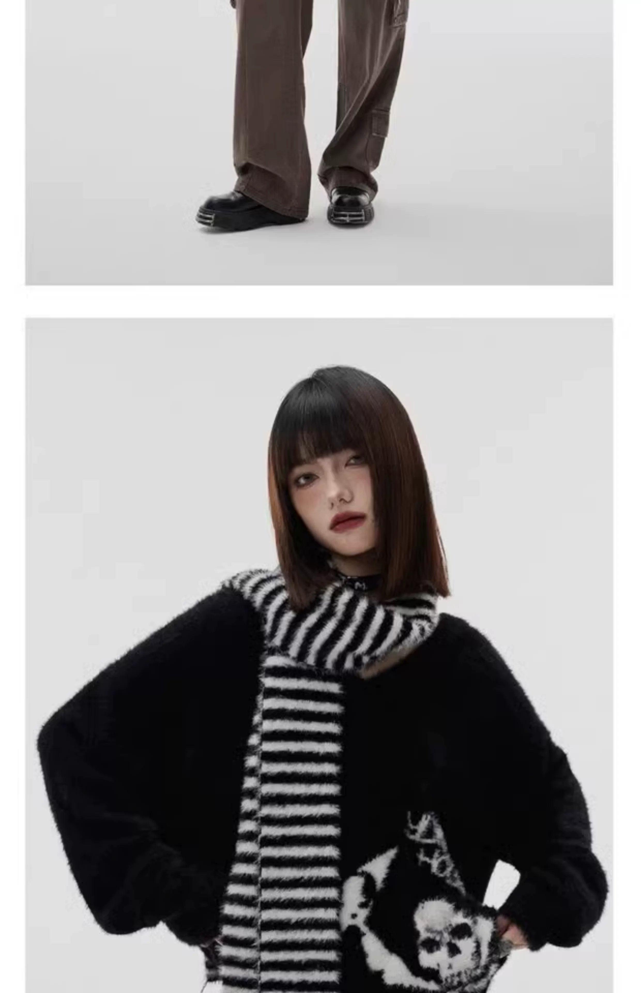 Mohair Skull Pattern Oversize V-Neck Knit Cardigan & Striped Scarf