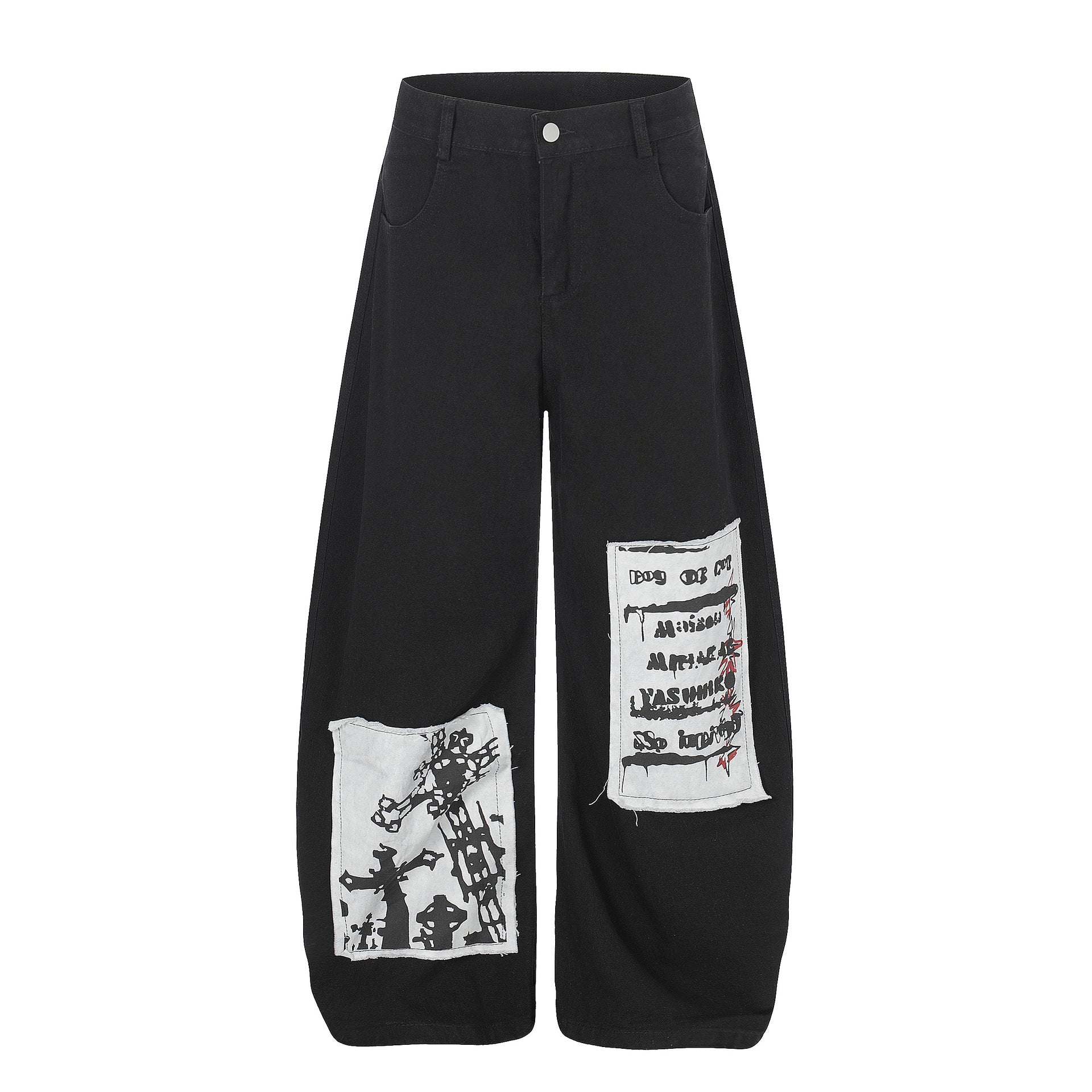 Applique Letter Print Wide Leg Denim Jeans