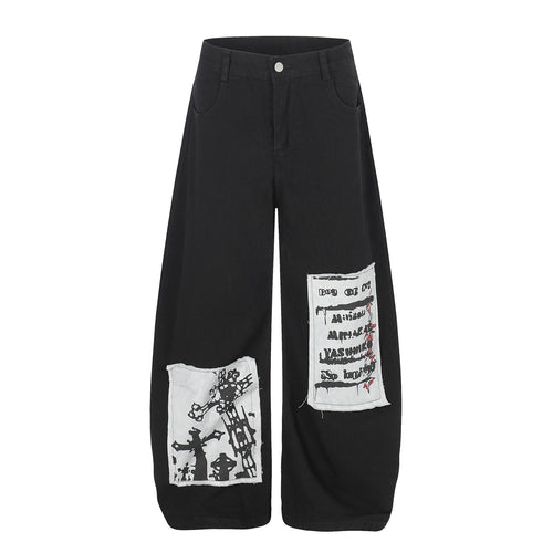 Applique Letter Print Wide Leg Denim Jeans - Black / S