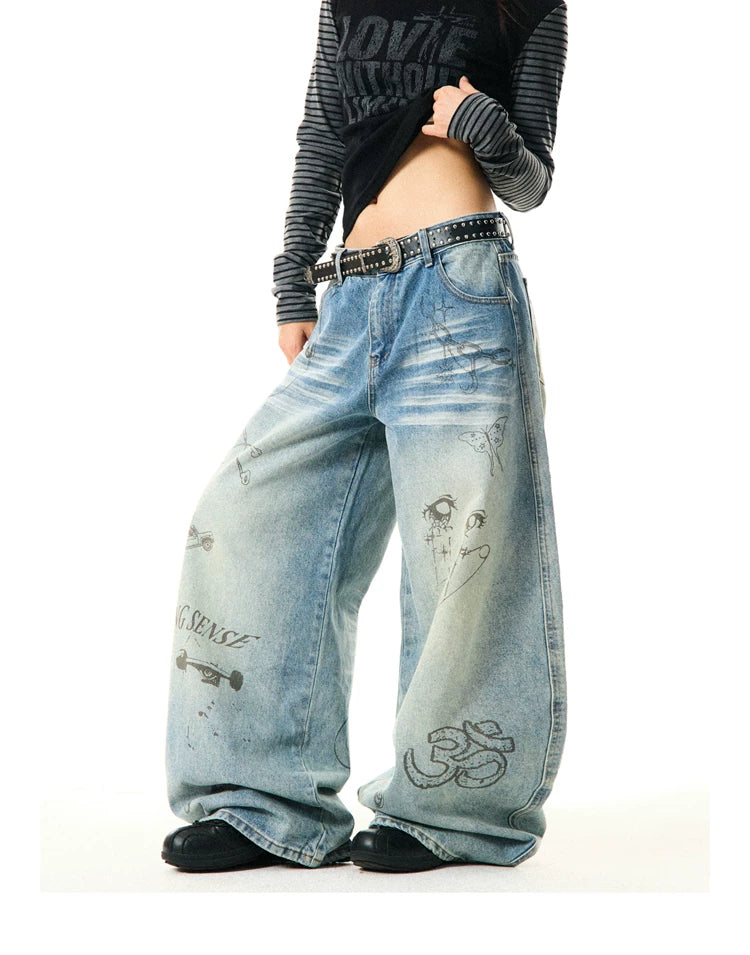 Washed Graffiti Print Wide Leg Denim Jeans