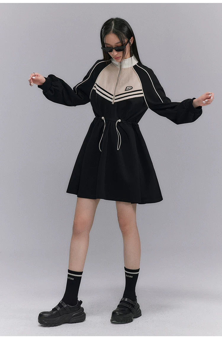 Embroidery Color Blocking Sporty Long Sleeve Jersey Dress