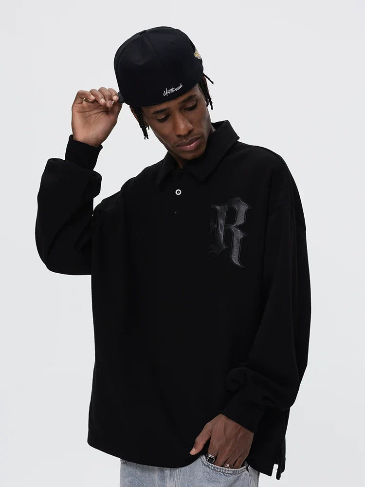 Patch Embroidery Design Long Sleeve Polo Shirt