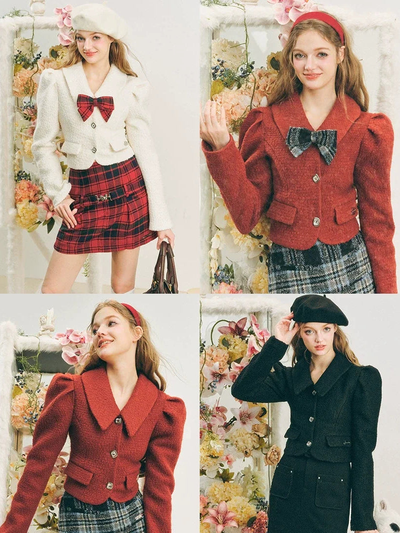Chaqueta de lana con mangas abullonadas cortas y lazo