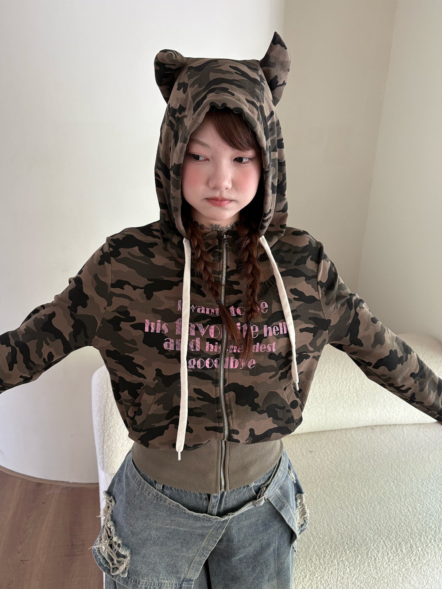 Devil Horn Hooded Print Zipper Hoodie