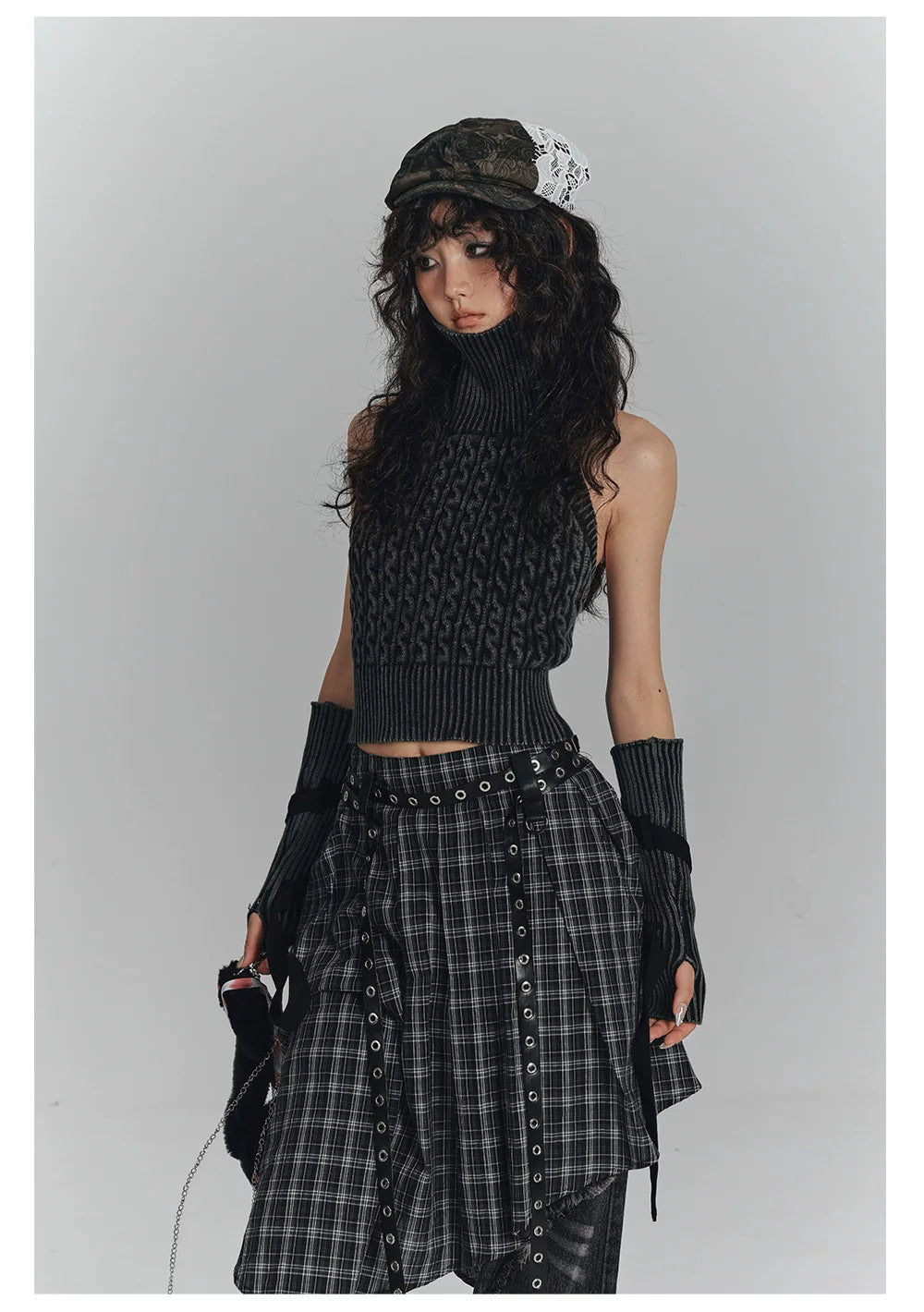 High-Neck Sleeveless Lace-Up Backless Knit Sweater & Arm Warmers