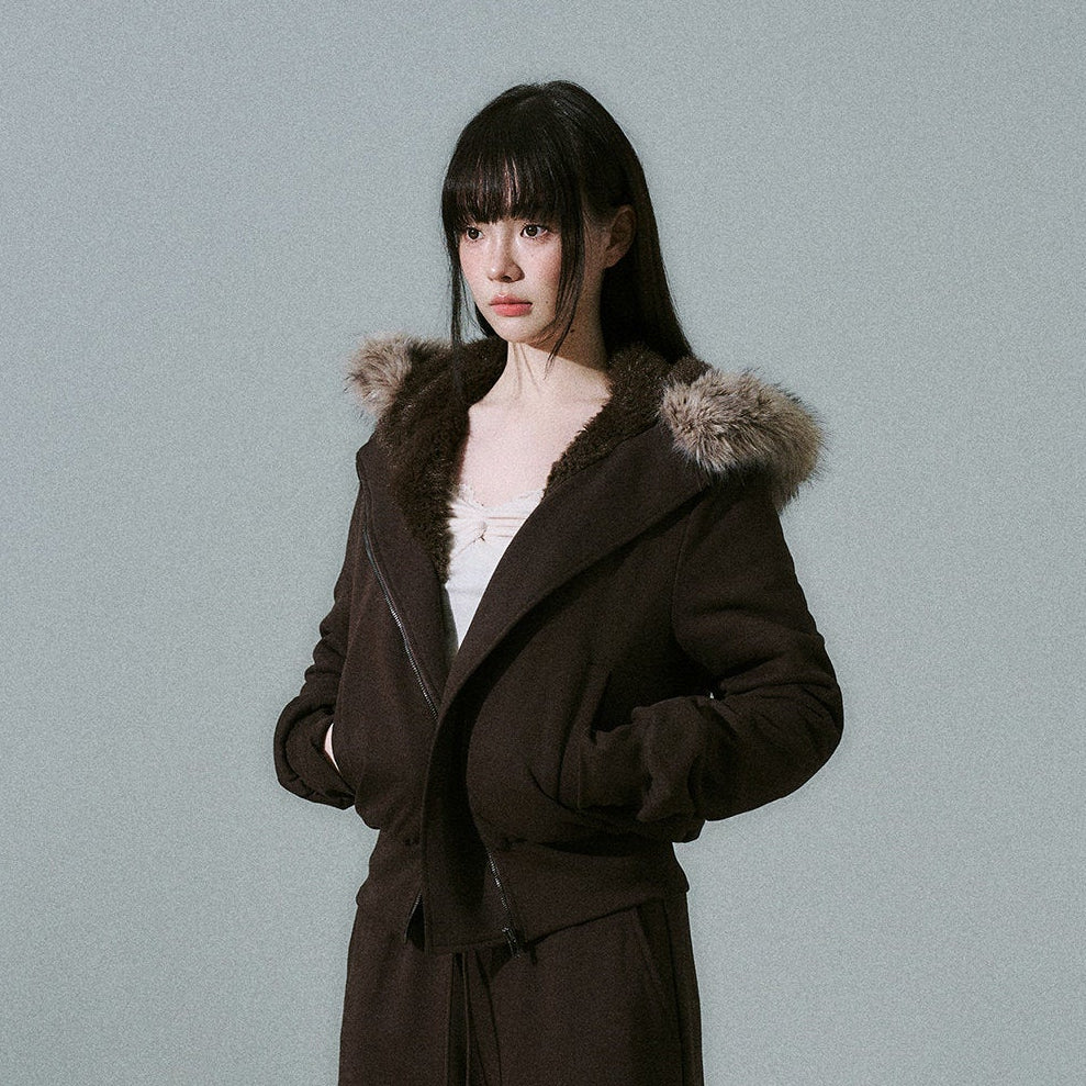 Fake Fur Hooded Zip-Up Jacket & Seatpants Setup