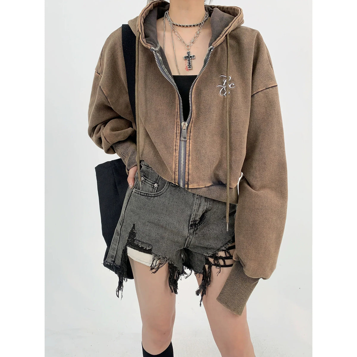 Logo Embroidery Zipper Short Hoodie