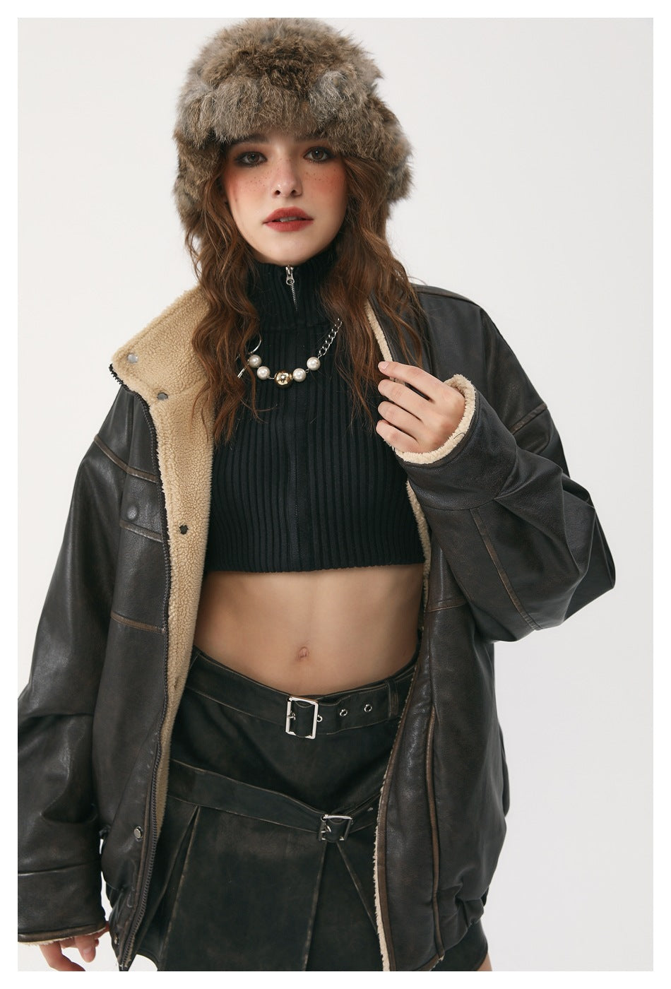 Veste unisexe vintage doublée de laine et de cuir