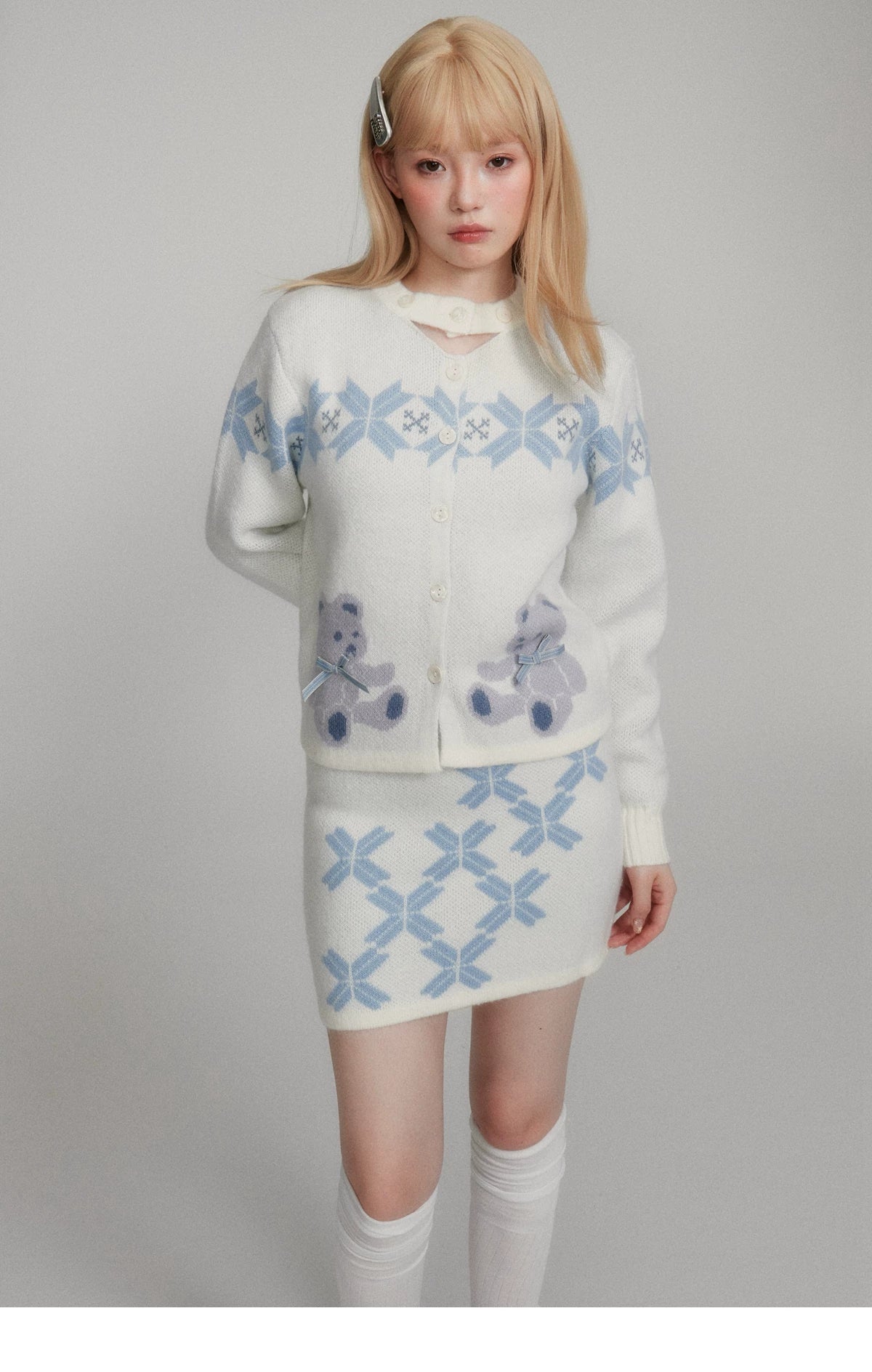 Teddy Bear Snowflake Knit Cardigan & Short Skirt Setup