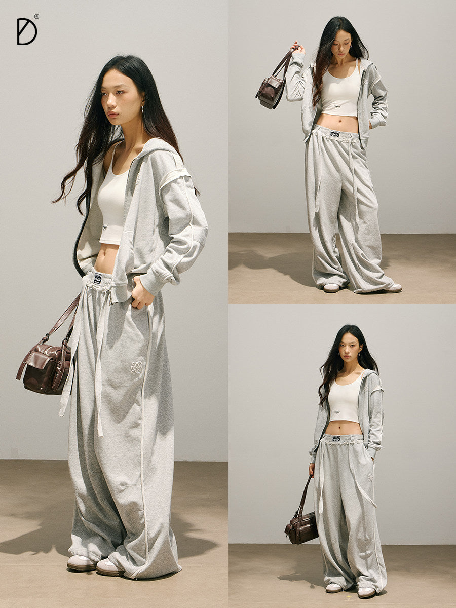 Plain Zip Hoodie & Drawstring Wide Leg Sweatpants Setup