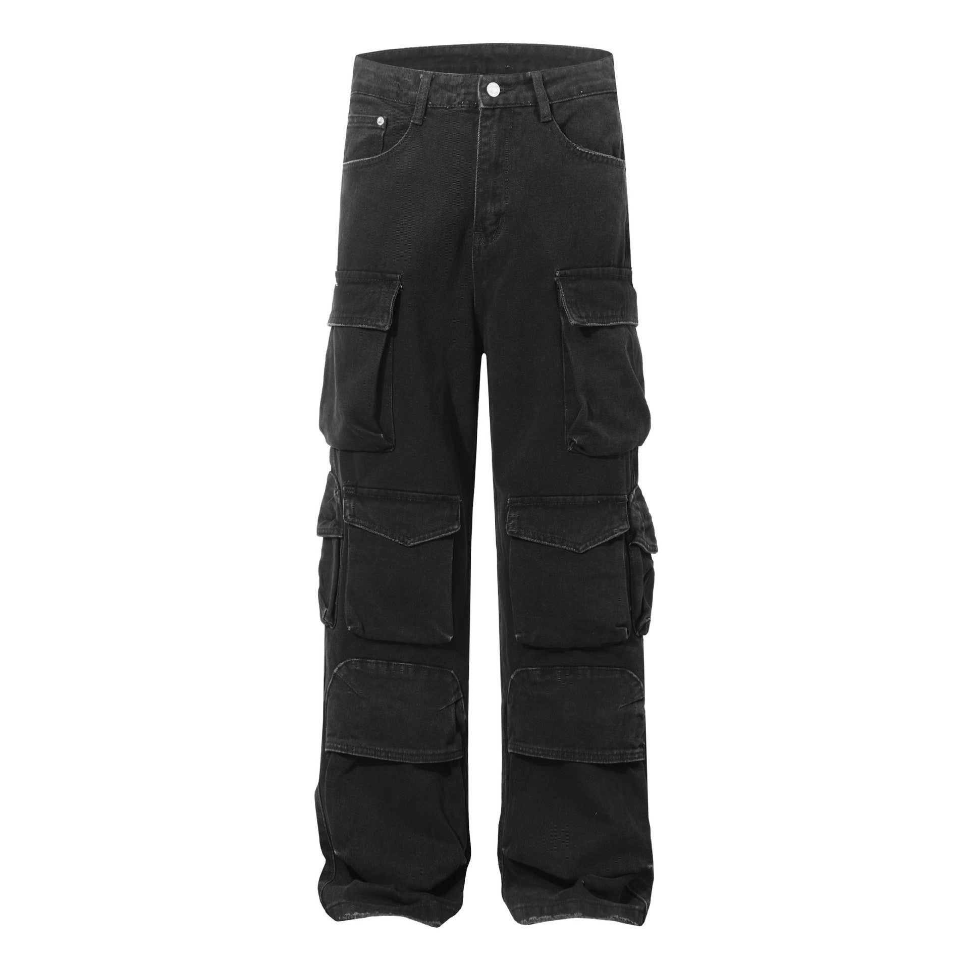Washed Damage Multi-Pocket Straight Cargo Denim Jeans